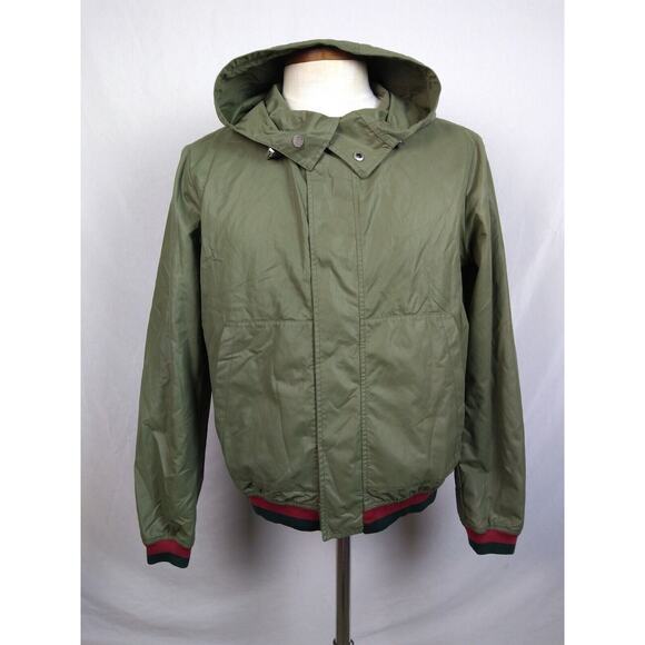 GUCCI CLASSIC LOGO SNAP BUTTON PARKA HOODED WINDBREAKER JACKET GREEN RED MEN 50